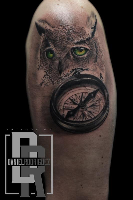 owl compass tattoo