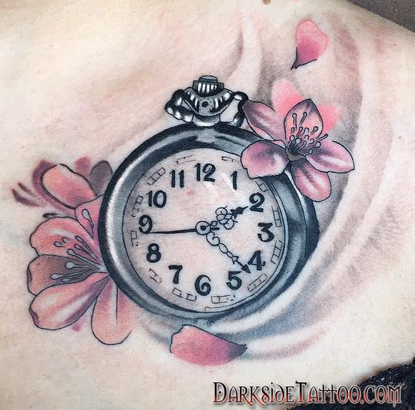 Color Clock and Cherry Blossom Tattoo