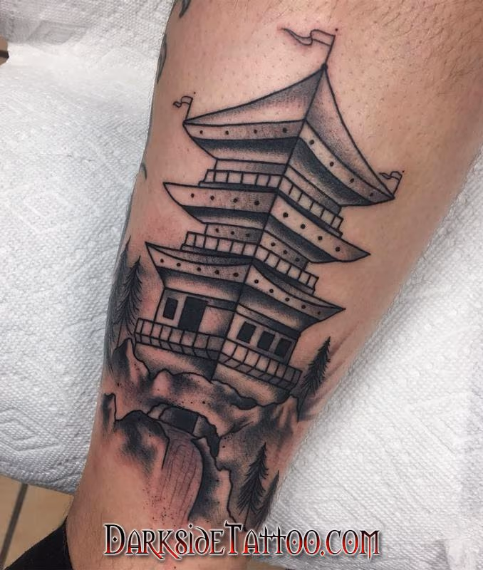 Black and Gray Oriental House Tattoo