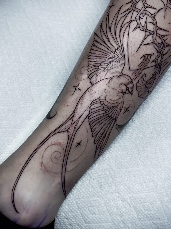 Celestial birds and florals full-sleeve, line work