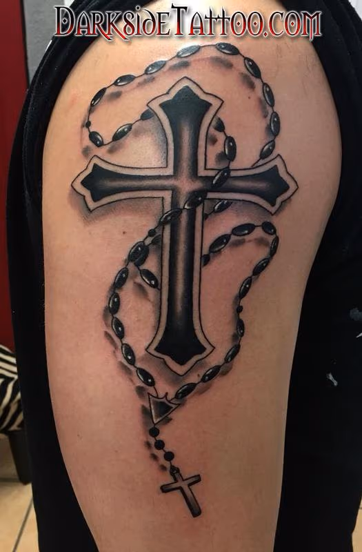Black and Gray Cross and Rosary Tattoo