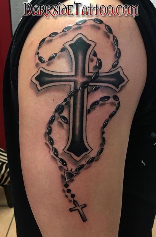 Black and Gray Cross and Rosary Tattoo