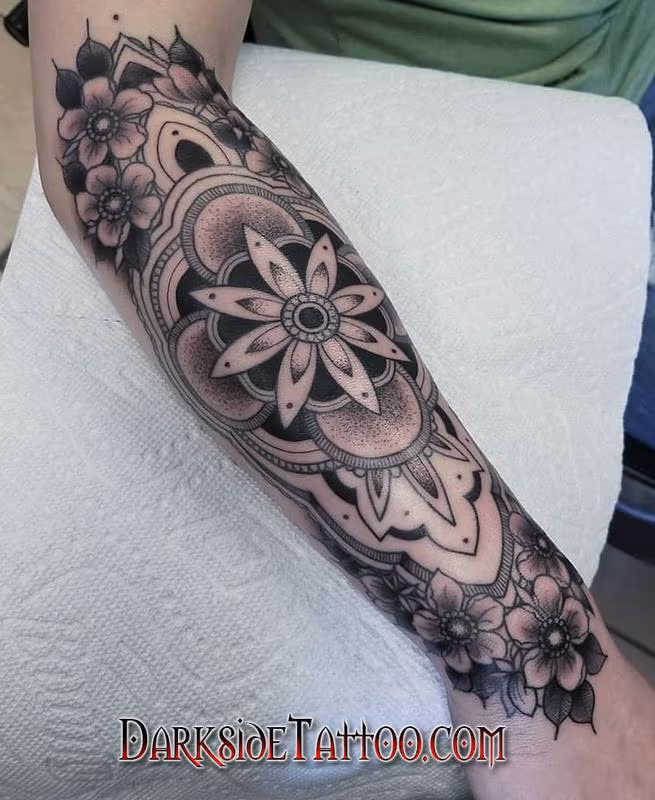 Black and Gray Flower and Mandala Tattoo