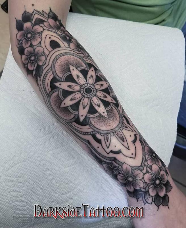 Black and Gray Flower and Mandala Tattoo