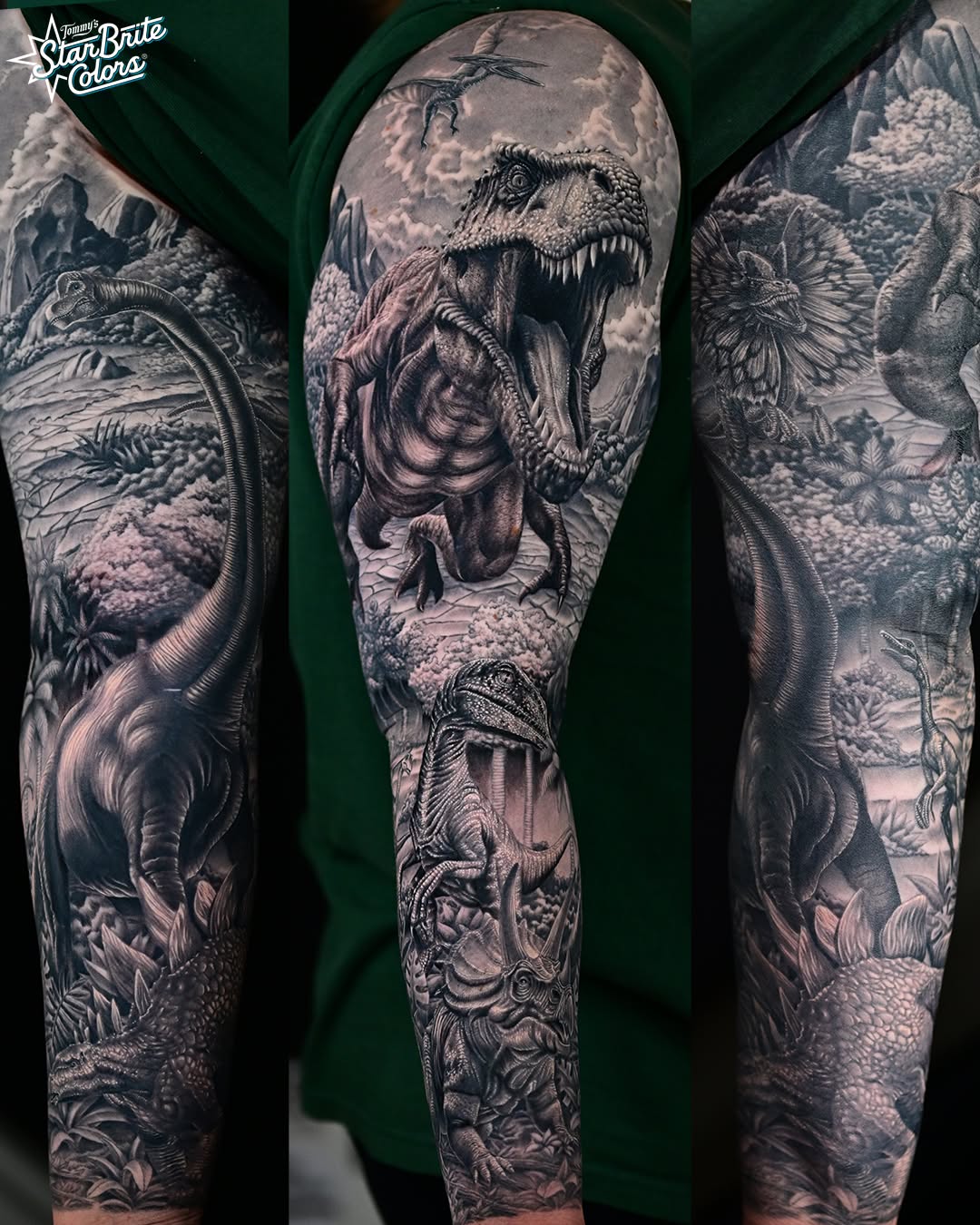 Jurassic Park dinosaur full sleeve, black and grey with color