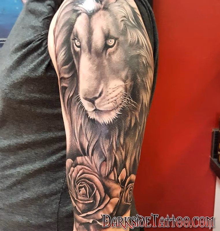 Black and Gray Lion and Roses