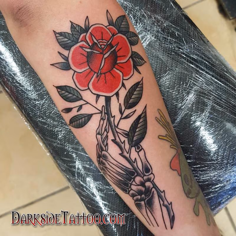 Traditional Rose and Skeleton Hand