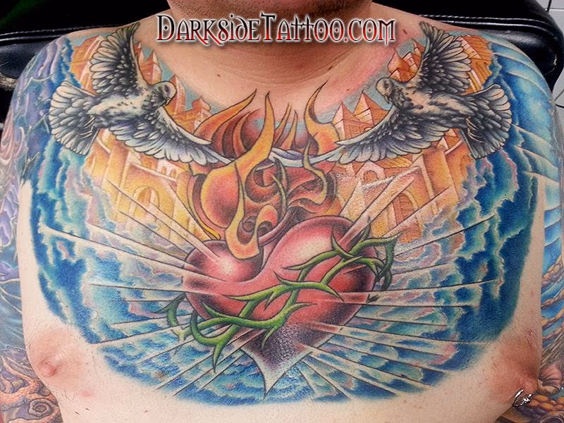Color Sacred Heart Chest Tattoo