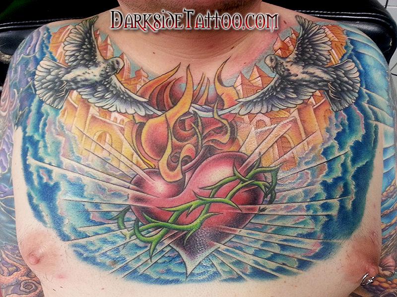 Color Sacred Heart Chest Tattoo