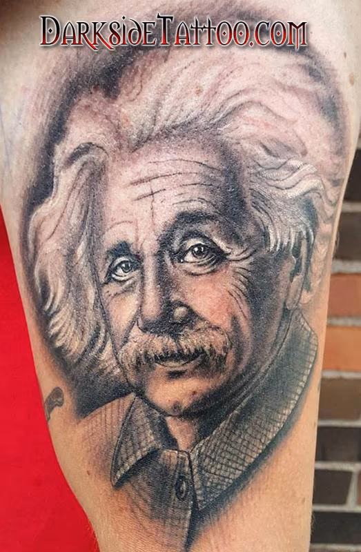 Black and Gray Einstein Portrait Tattoo