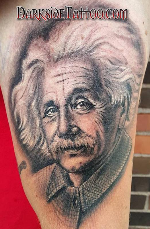 Black and Gray Einstein Portrait Tattoo