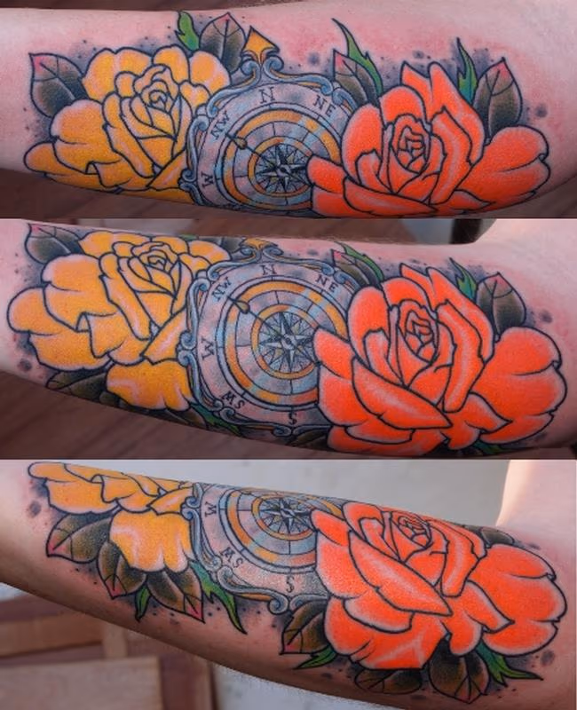 Compass and Roses Tattoo