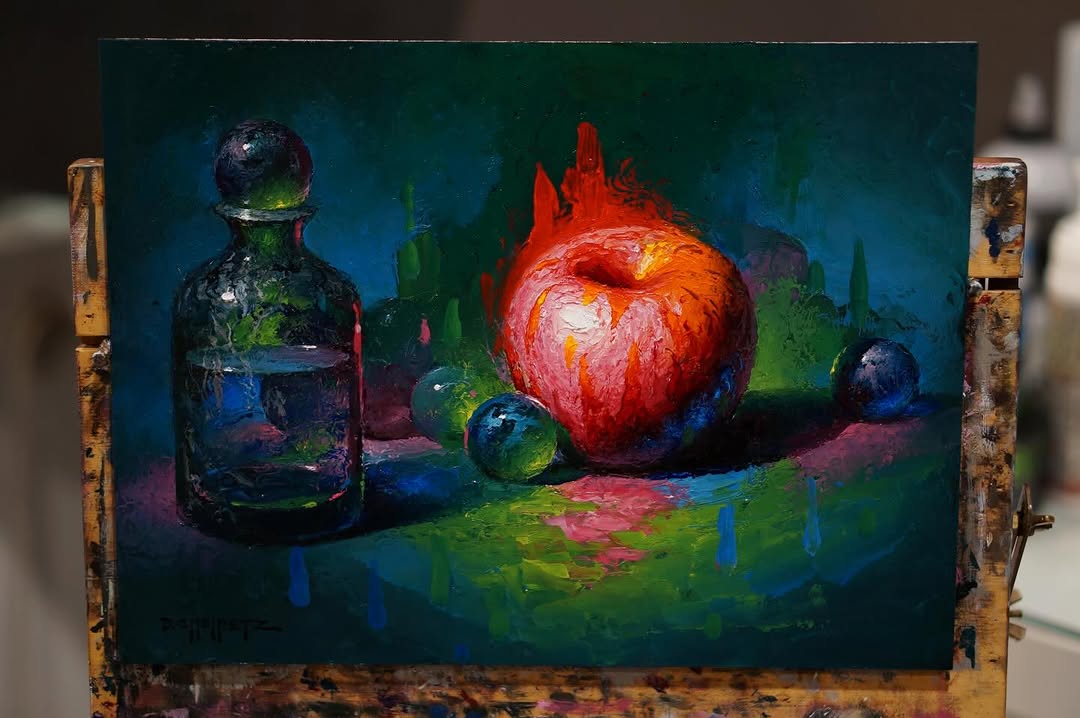 Still life with apple, bottles, and spheres in vibrant color