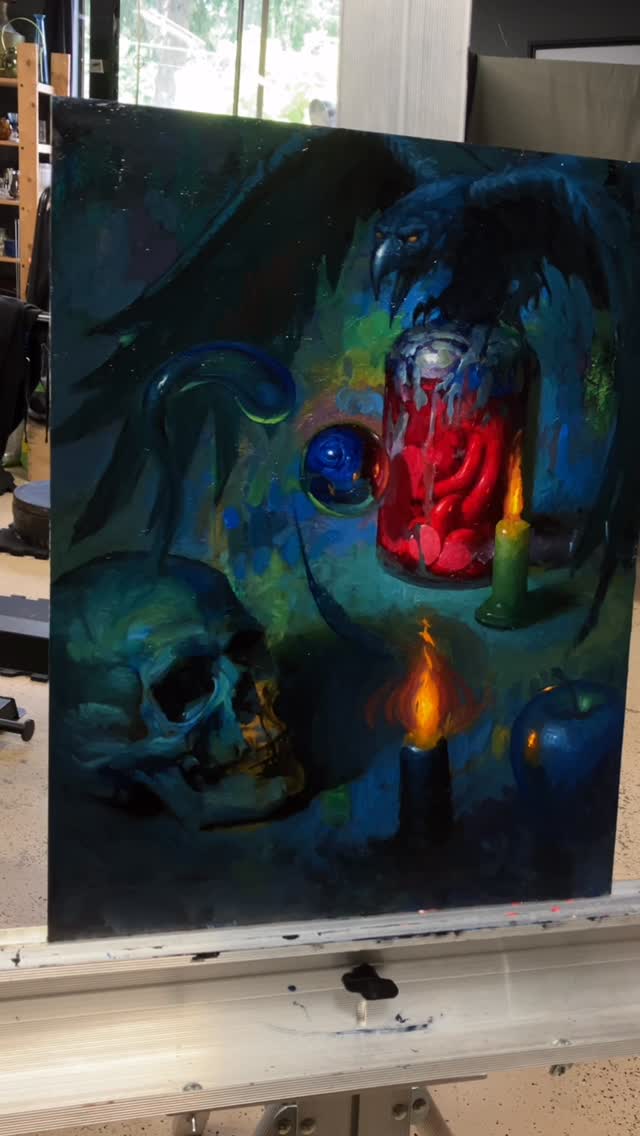 Surreal skull and fire oil painting with color