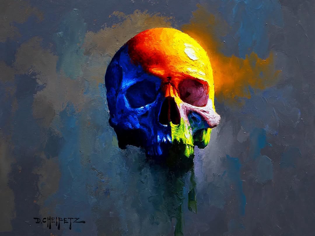 Elysium: colorful skull oil painting on panel