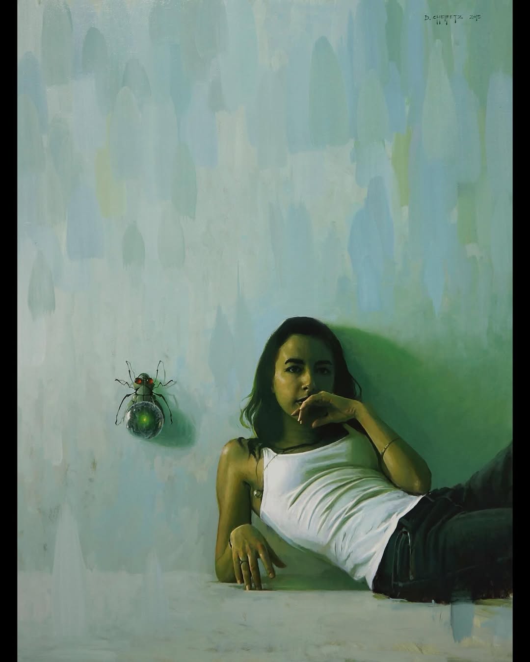 Portrait with insect, surreal oil painting