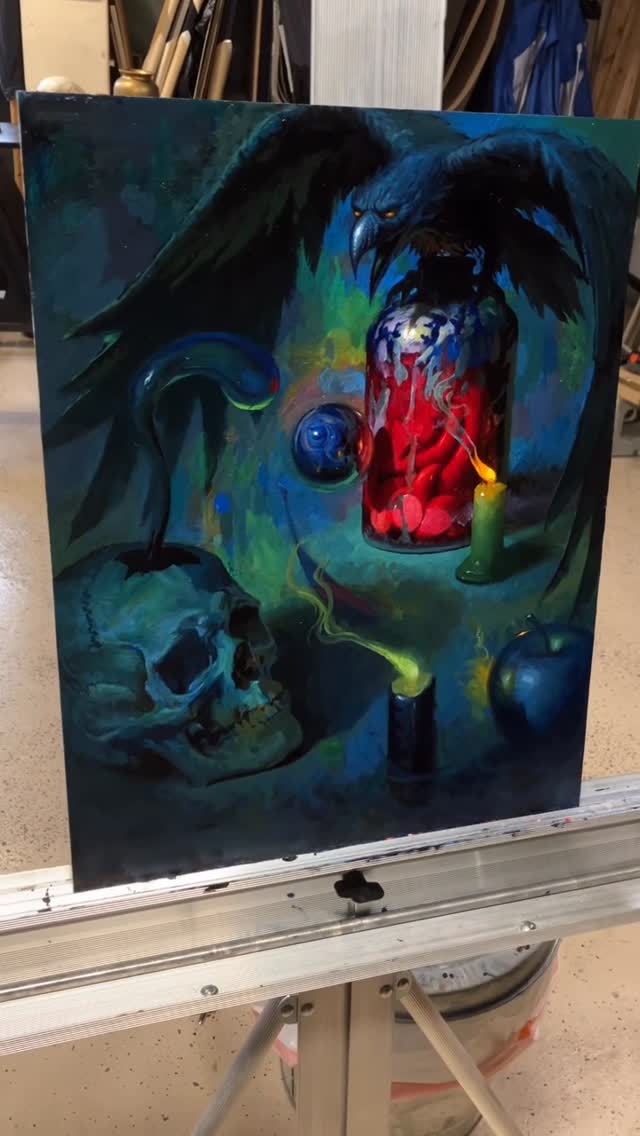 Surreal dark skull and raven oil painting
