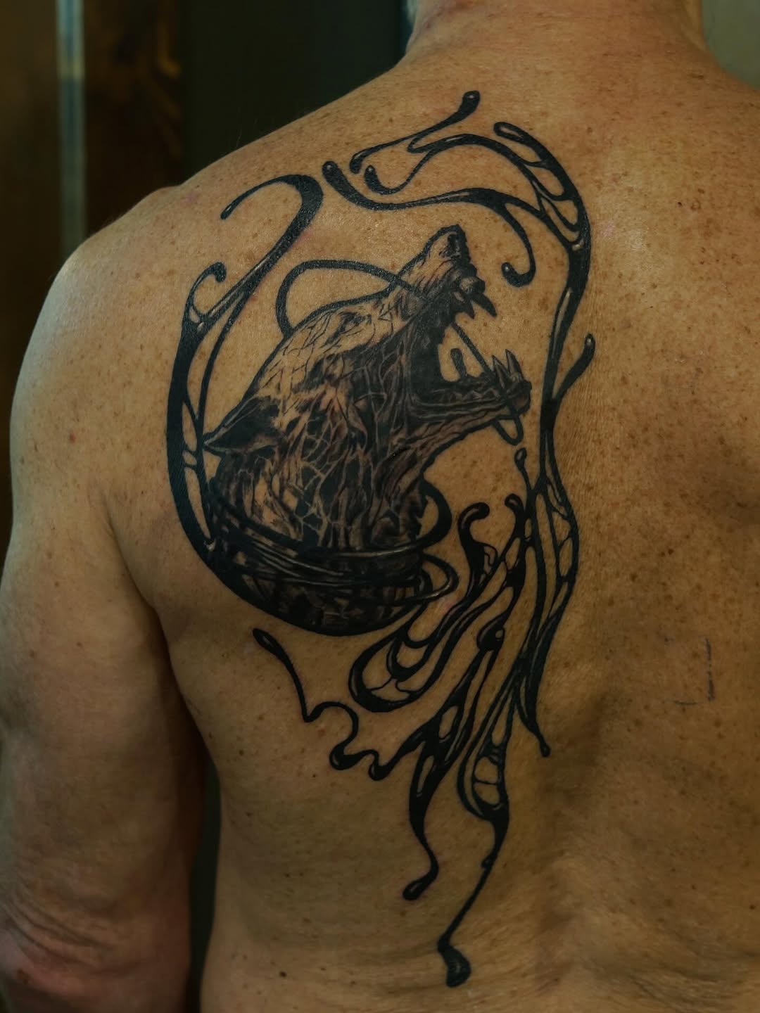 Fenrir and Gleipnir mythology back tattoo