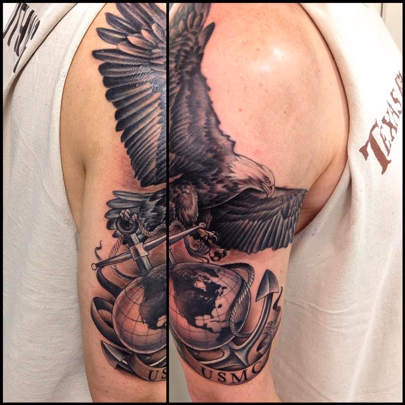 Black and Gray USMC Half Sleeve Tattoo