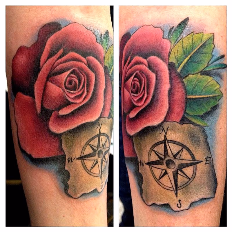Pink Rose and Compass Forearm Tattoo