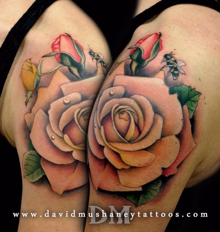 Pastel Roses and Bumble Bee Shoulder Tattoo