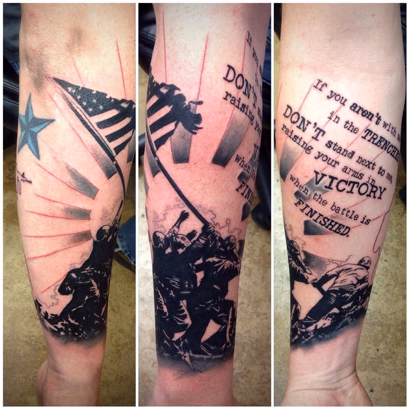 Trash Polka Style Military Half Sleeve Tattoo