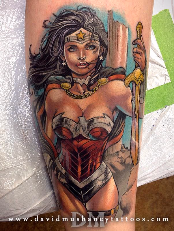 Color Wonder Woman Calf Tattoo