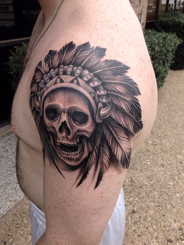Black and Grey Skull and Headdress Tattoo