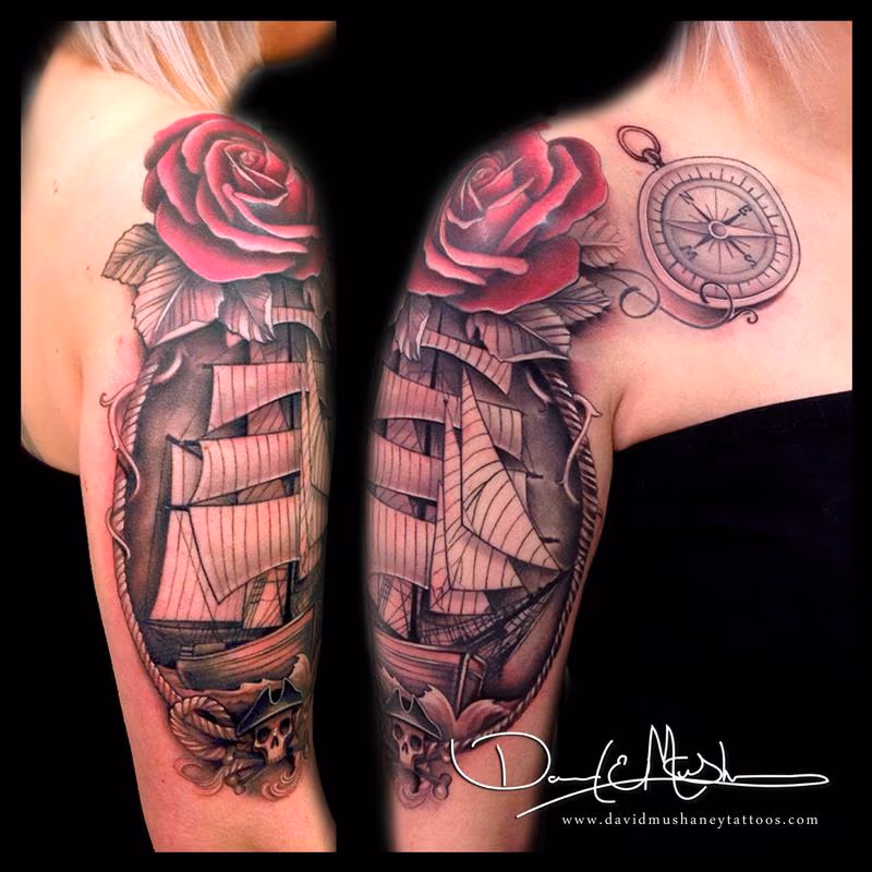 Ship and Rose Half-Sleeve Tattoo