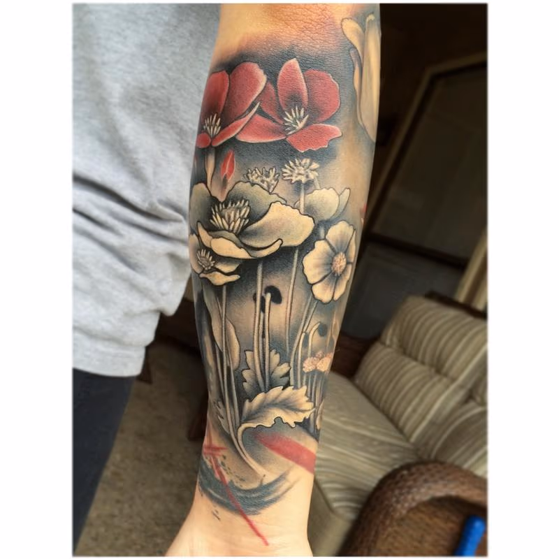 Trash Polka Style Flower Tattoo