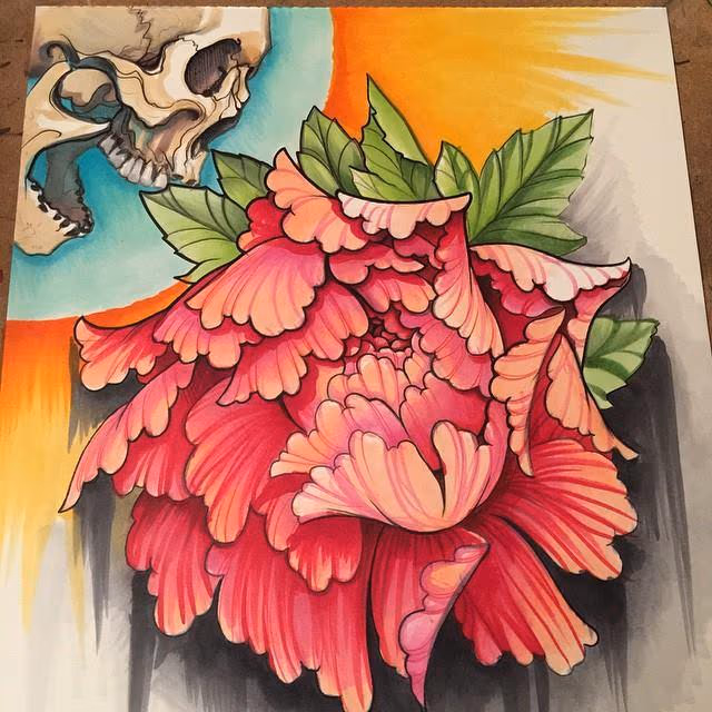 Skull and Peony Copic Marker Drawing