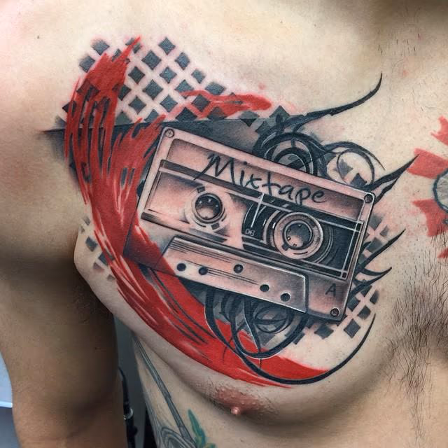 Old School Cassette Tape Chest Tattoo