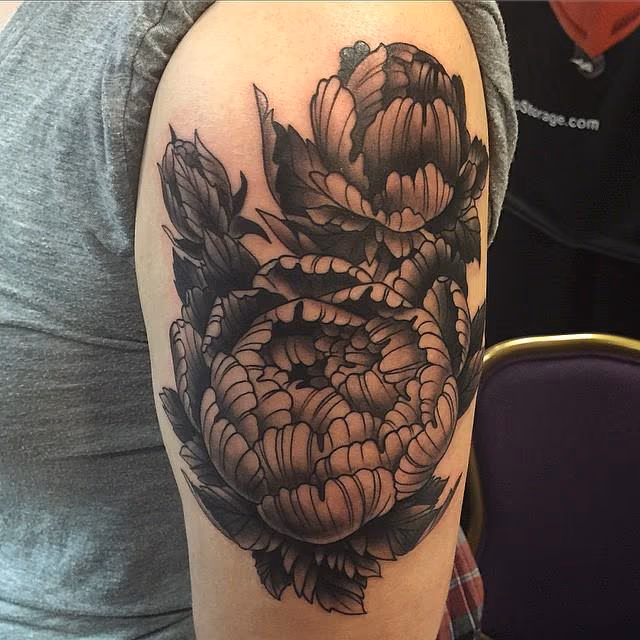 Black and Grey Peony Half Sleeve Tattoo