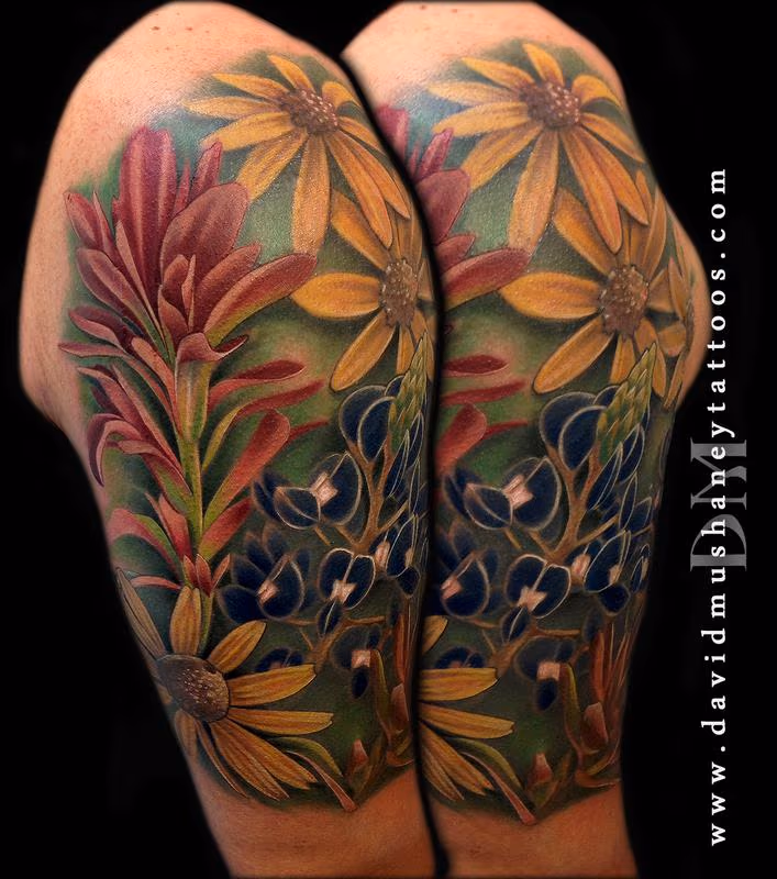 Texas Wildflower Half Sleeve of Bluebonnets and Indian Paintbrushes