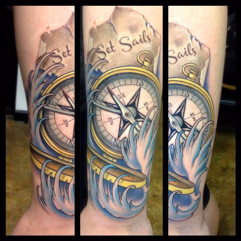 Antique compass with waves
