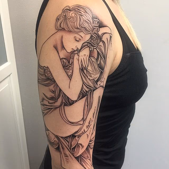 Mucha Inspired Half-Sleeve Tattoo