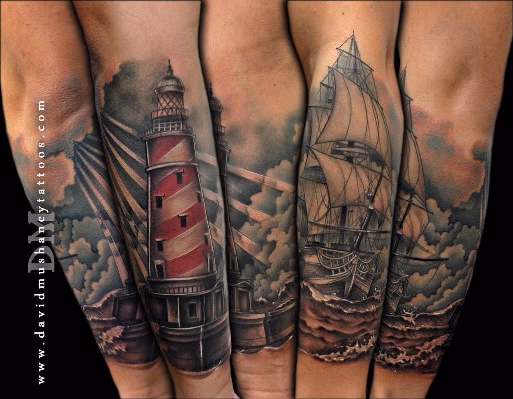 Lighthouse and Ship Half Sleeve Tattoo