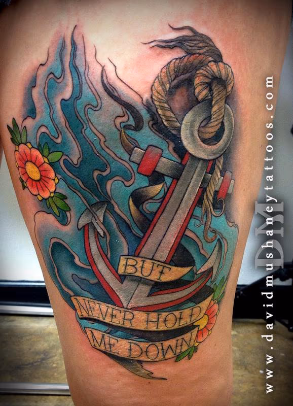 Colorful Anchor Thigh Tattoo