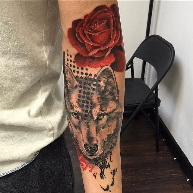 Trash Polka Style Wolf and Rose Tattoo