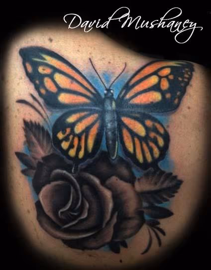Butterfly and Rose Cover Up Tattoo