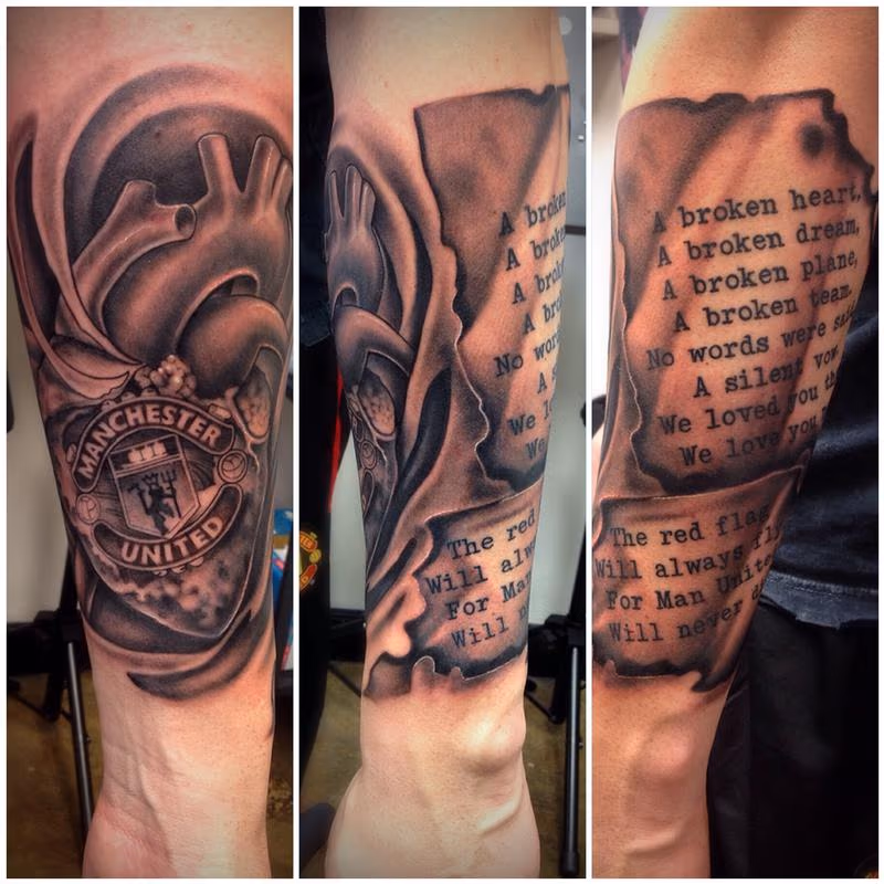 Black and Grey Manchester United Memorial Tattoo by David Mushaney