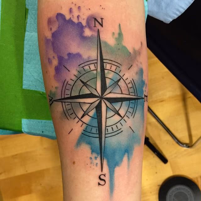 Abstract Watercolor Compass Tattoo