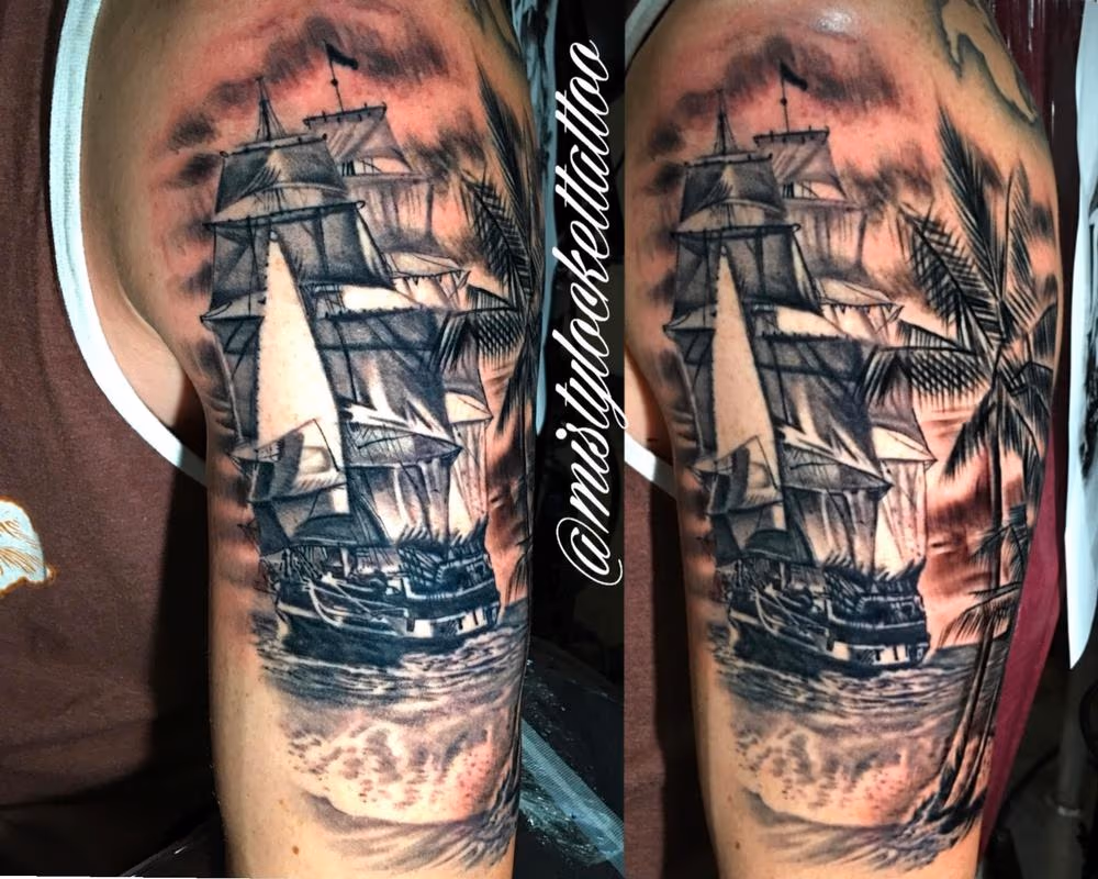 Black and grey pirate ship