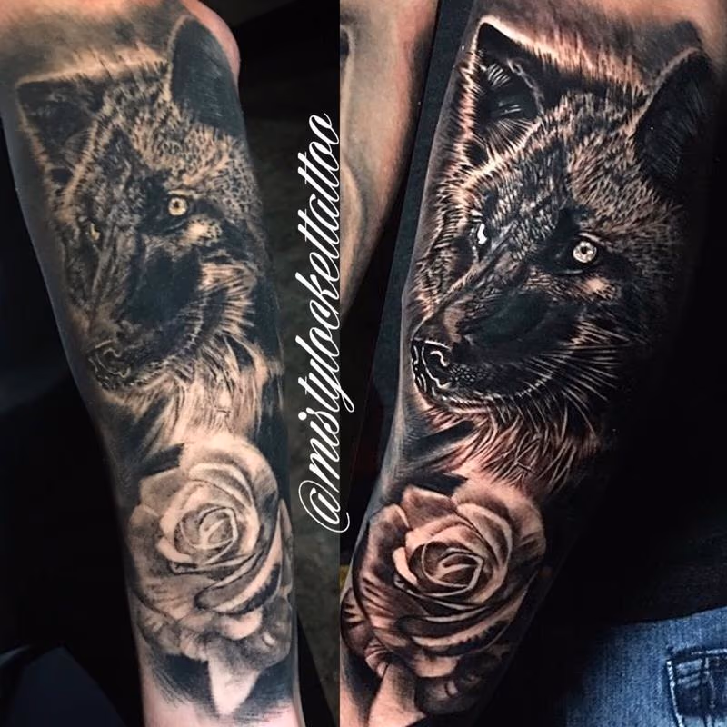 Fresh and healed picture of the same tattoo