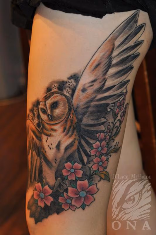 Owl & flowers tattoo