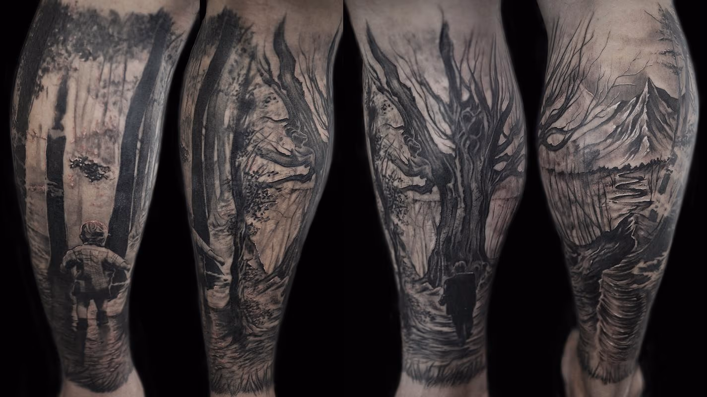 forest scene and memorial tattoo