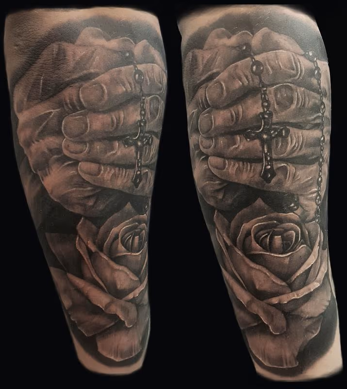 praying hands and rose