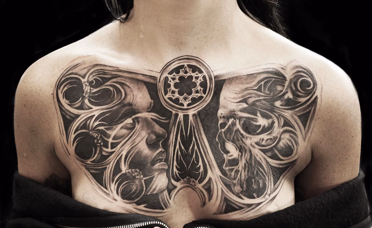 female face with skull and gothic winow