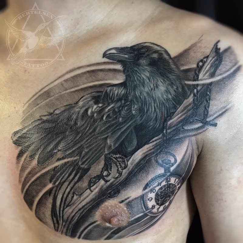Raven and Pocket Watch Tattoo
