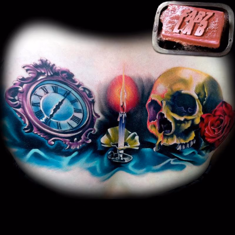 Skull, Candle, Time Chest Piece Tattoo